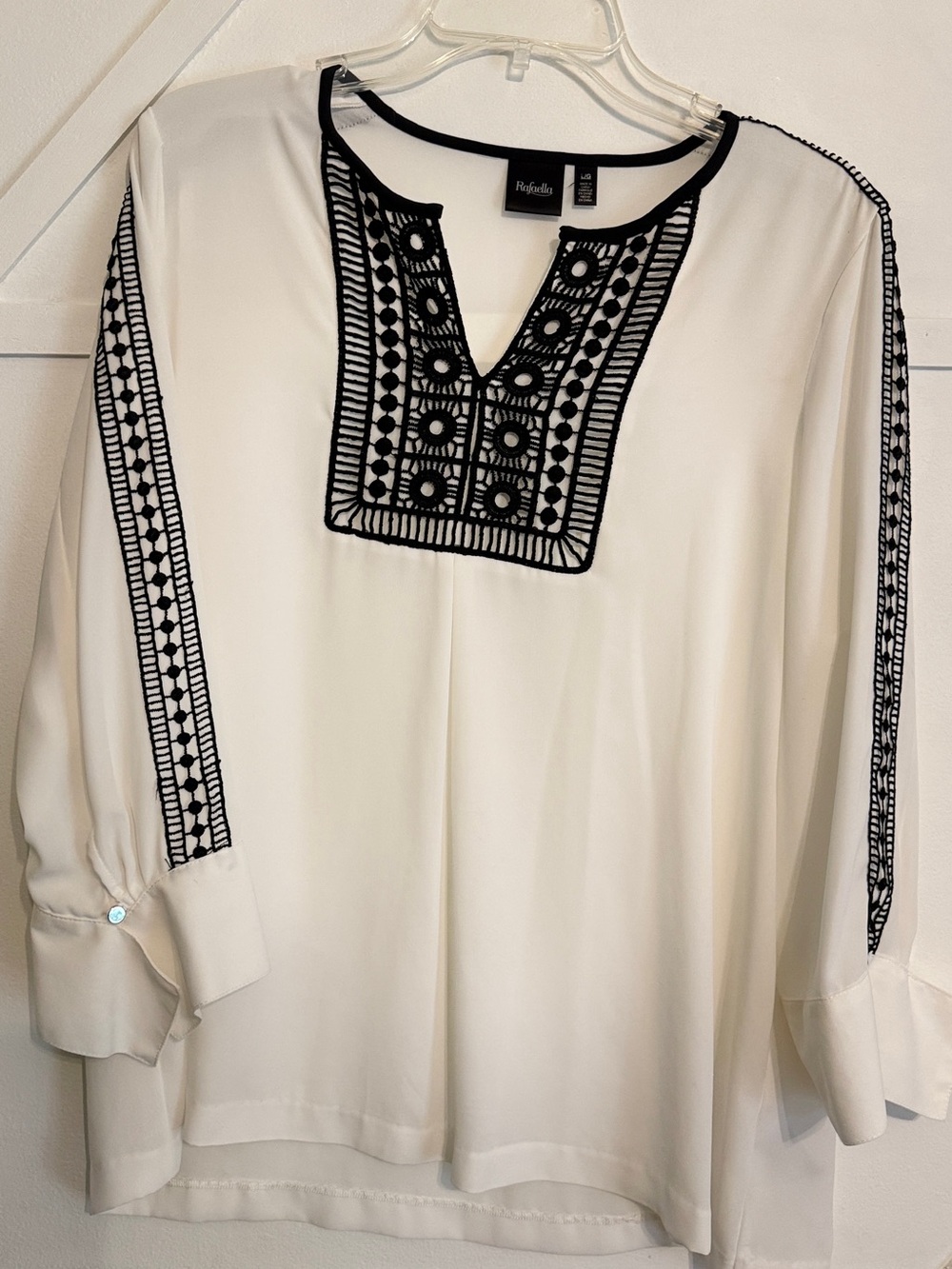 Rafaella White Blouse with Black Embroidered Yoke and Sleeve Trim